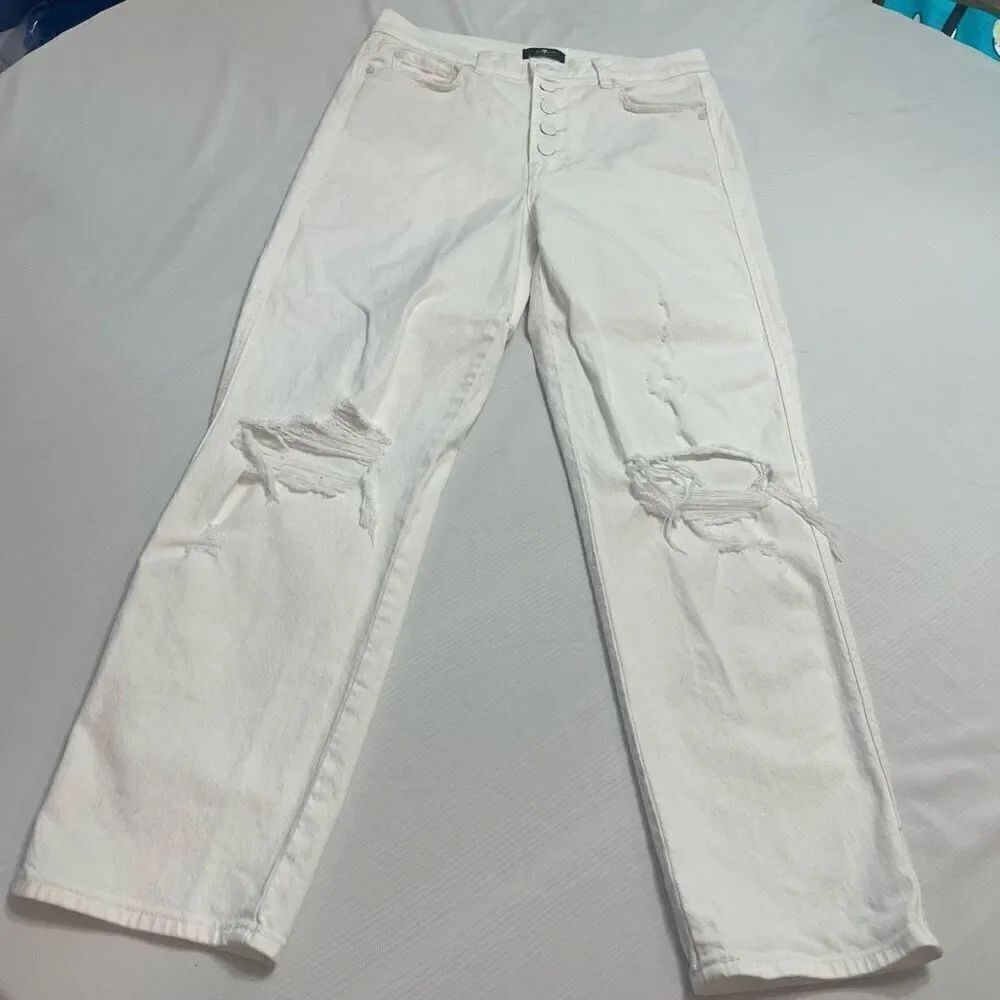 7 For All Mankind White High Waist Cropped Straight Distressed Denim Jeans Size